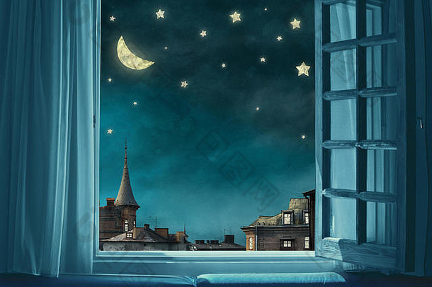 超现实主义的仙女演讲艺术背景视图房间开放窗口晚上天空月亮星星复制空间