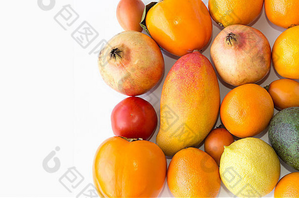 水果蔬菜特写镜头食物宏特写镜头橙子鳄梨芒果番茄脚苹果