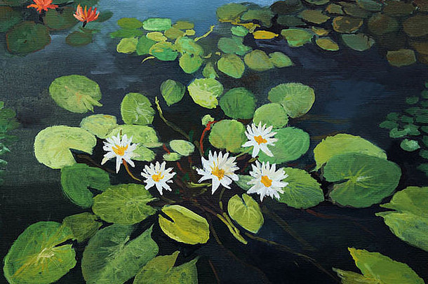 石油绘画帆布色彩斑斓的池塘美丽的水百合莲花花天空反射水