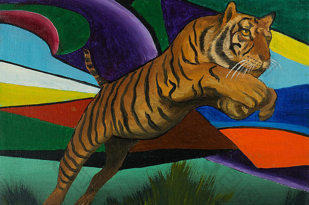 石油绘画跳老虎前面色彩斑斓的背景