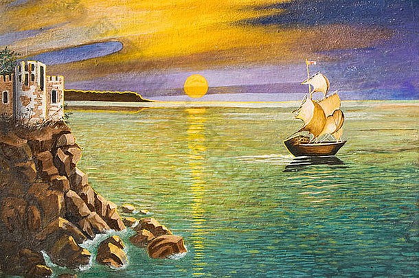 图片石油绘画手使海景观航行船城堡岩石日落