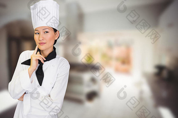 复合图像肖像深思熟虑的女烹饪厨房