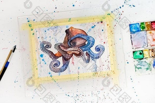 水彩画进步前视图艺术工作场所水彩章鱼章鱼彩色的背景水彩的屁股