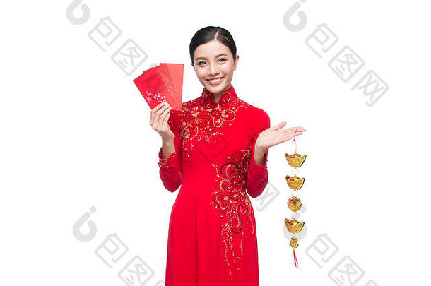 完整的长度美丽的亚洲女人传统的节<strong>日</strong>服装戴曼菊泰特假期<strong>月球</strong>一年文本幸运的幸福
