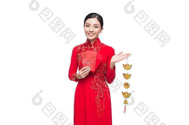 完整的长度美丽的亚洲女人传统的节日服装戴曼菊泰特假期月球一年文本幸福快乐