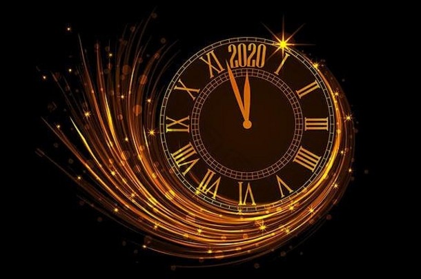 快乐一年横幅庆祝活动背景插图闪闪发光的时钟框架极简主义数字未来主义的微微发亮的图形