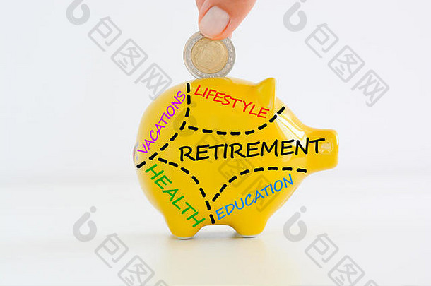 退休计划储蓄概念黄色的小猪银行