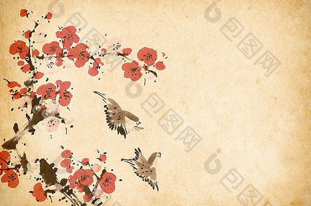 传统的中国人绘画春天李子开花鸟
