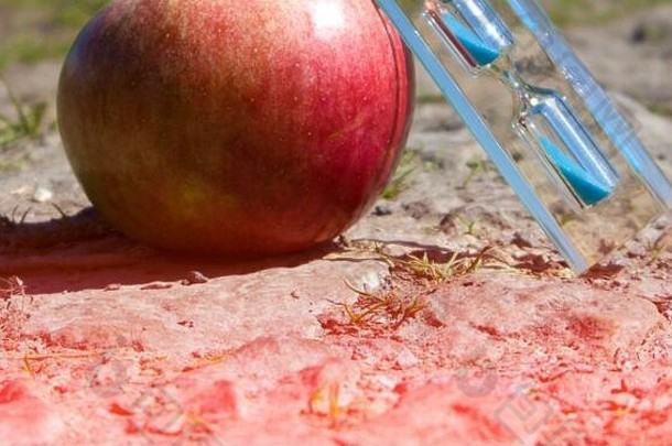 透明的沙漏蓝色的沙子成熟的红色的<strong>苹果</strong>干脏土壤时间概念
