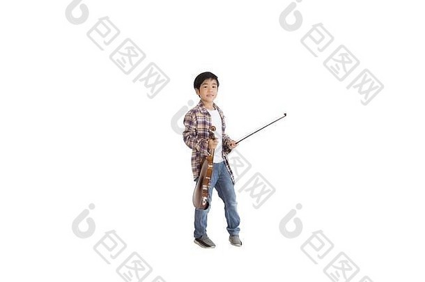 肖像可爱的亚洲小学学校学生穿牛仔裤穿格子衬衫持有小提琴孤立的图像白色背气