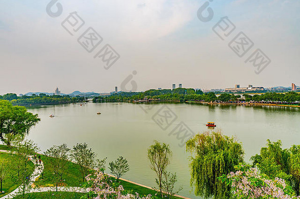 全景惊人的高角视图南京玄武湖公园下午日落