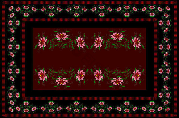 勃艮第桌布黑色的边境框架绣花程式化的花红色的粉红色的花瓣扭曲的分支机构叶子