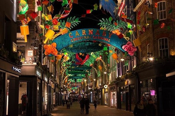 伦敦<strong>圣诞节</strong>卡尔纳比街光装饰晚上