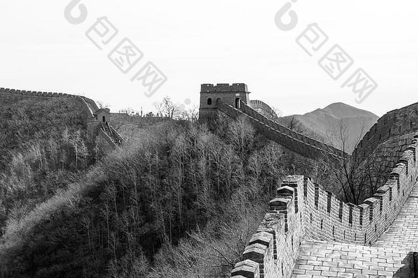 部分伟大的墙中国Mutianyu冬天单色景观起伏的墙建设树脊山背景