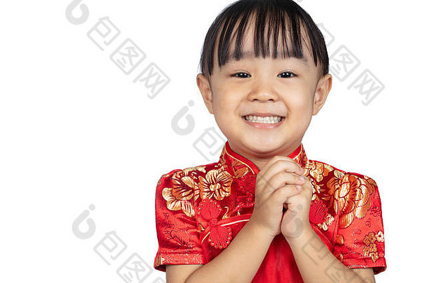 亚洲中国人女孩穿旗袍问候手势庆祝中国人一年孤立的白色背景