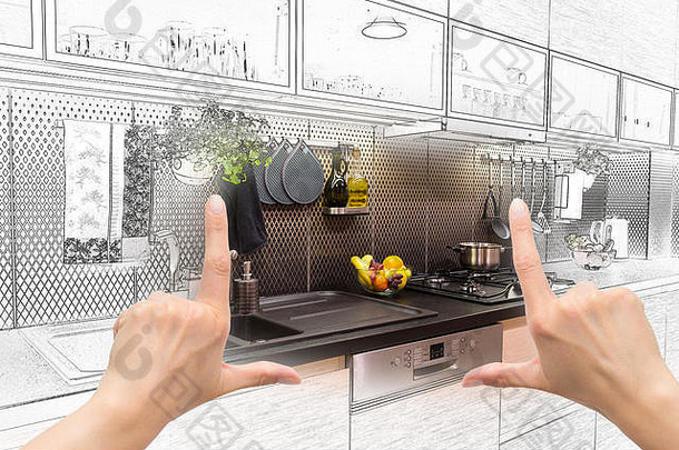 女手框架自定义厨房设计结合画照片