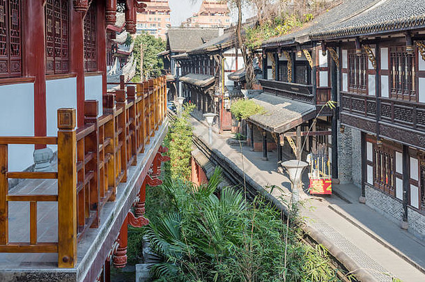 成都四川省中国12月茶房间空中视图文舒佛教修道院阳光明媚的一天