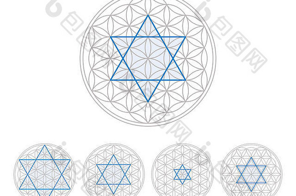 蓝色的六角星形花生活几何数字组成多个等间隔重叠圈形成花