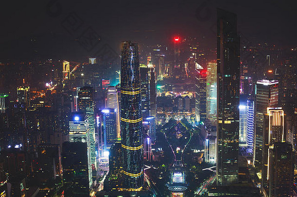 美丽的广角晚上空中视图广州珠江小镇金融区广东中国天际线风景城市