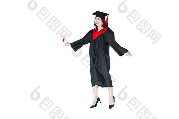 有吸引力的学生毕业帽文凭跳孤立的白色