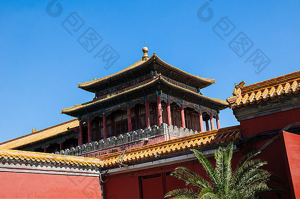 亚洲北京中国城市被禁止的水平红色的寺庙蓝色的中国人云橙色宝塔肖像屋顶天空stoc