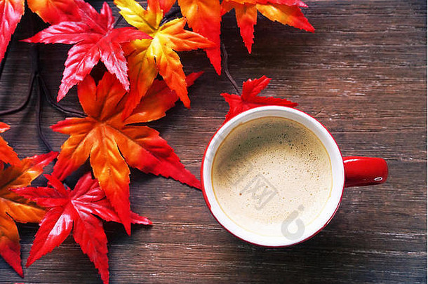 赢富数据<strong>红色</strong>的咖啡杯叶子改变颜色木背景
