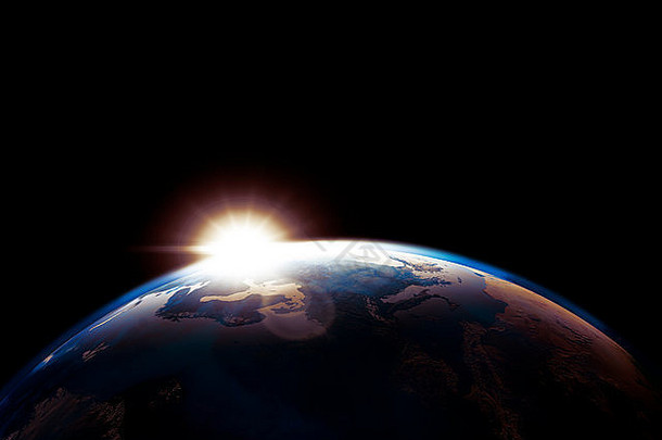 地球全球大纲基斯不断上升的太阳孤立的黑色的背景