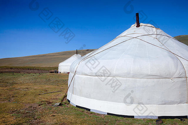 传统的蒙古可移植的轮帐篷霜覆盖白色外封面阿尔泰山西方蒙古