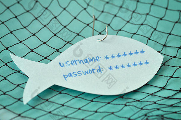 用户名密码写纸请注意形状鱼附加钩网络钓鱼互联网安全概念