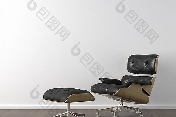 室内设计经典黑色的皮革扶手椅白色墙复制空间