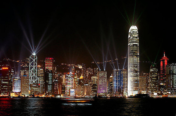 晚上视图摩天大楼在香港香港岛维多利亚港口国际<strong>金融公司</strong>建筑最高的在香港香港左