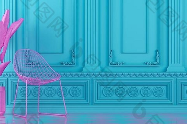 充满活力的绿松石蓝色的室内设计背景粉红色的椅子植物成型经典墙渲染