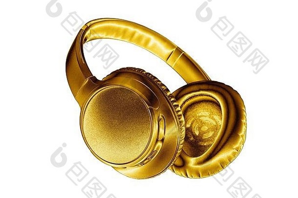 金闪亮的无线耳机白色背景孤立的关闭奢侈品黄金金属蓝牙耳机现代高结束无线网络黄色的耳机