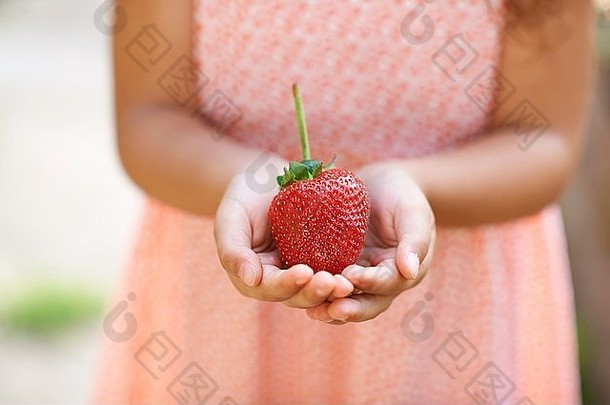 裁剪拍摄女孩持有新鲜的草莓花园