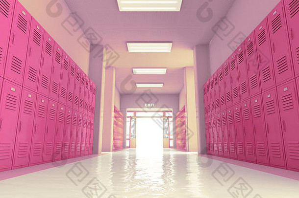 基斯走廊明亮的粉红色的学校储物柜开放入口退出通过渲染