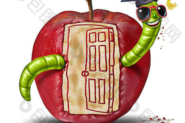 学校开放通过概念有趣的蠕虫新兴苹果吃形式形状打开门口入口象征教育学习沟通