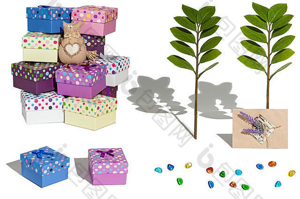集照片猫玩具礼物盒子彩色的石头植物信封白色背景