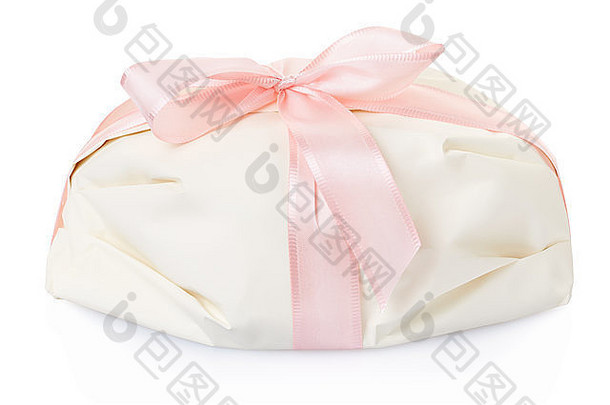 白色礼物现在粉红色的缎丝带