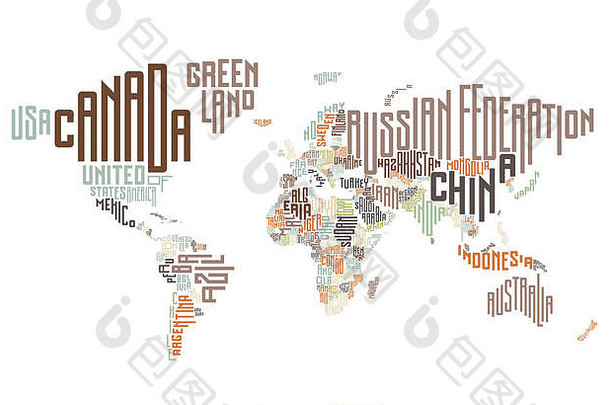 世界地图使排版国家的名字