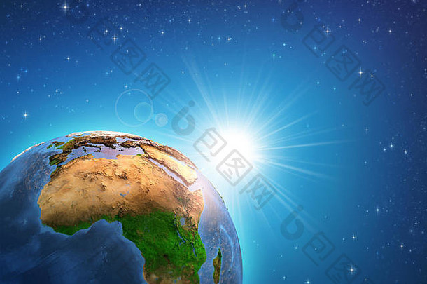 地球深空间集中非洲大陆日出闪亮的地平线元素图像有家具的美国国家航空航天局插图
