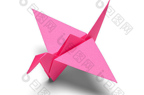 粉红色的折纸纸起重机孤立的白色背景