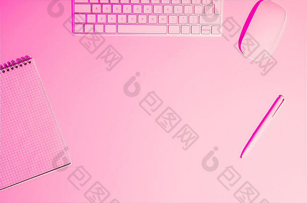 前视图电脑键盘鼠标空教科书笔粉红色的表格