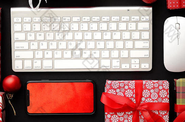 电脑键盘现代智能手机鼠标圣诞节盒装礼物