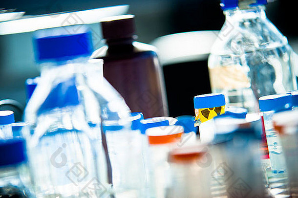 玻璃测试管彩色的上衣板凳上一边科学实验室