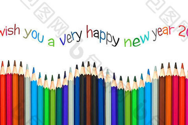 快乐一年问候卡色彩斑斓的铅笔孤立的白色背景