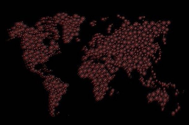 世界地图使红色的病毒流感大流行冠状病毒概念渲染