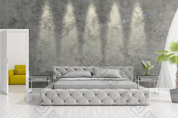 现代室内设计卧室时尚植物Copyspace水平安排呈现