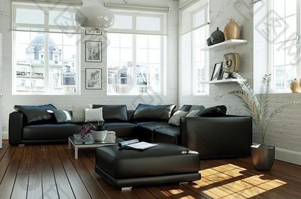 现代斯堪的纳维亚室内设计生活房间白色风格
