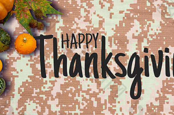 快乐感恩节文本平躺色彩斑斓的南瓜水果军事模式背景前视图