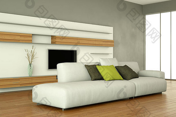 现代室内设计生活房间白色沙发电视